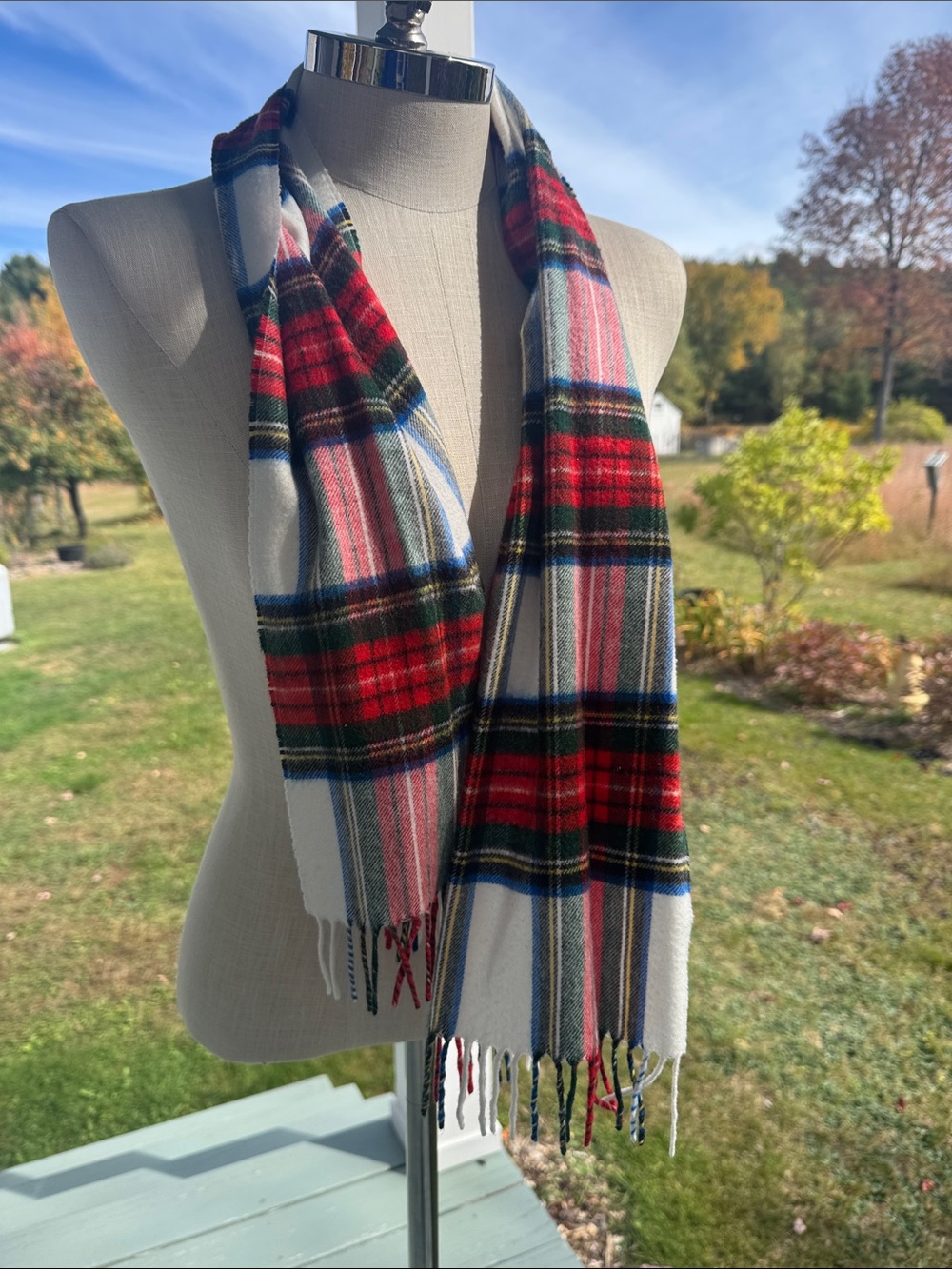 White and Red Plaid Fringe Scarf